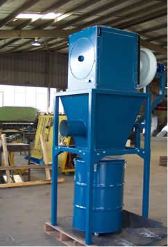 Dust collector with large drop out hopper and collection bin for fibreglass dust application